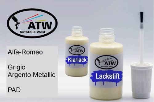 Alfa-Romeo, Grigio Argento Metallic, PAD: 20ml Lackstift + 20ml Klarlack - Set, von ATW Autoteile West.